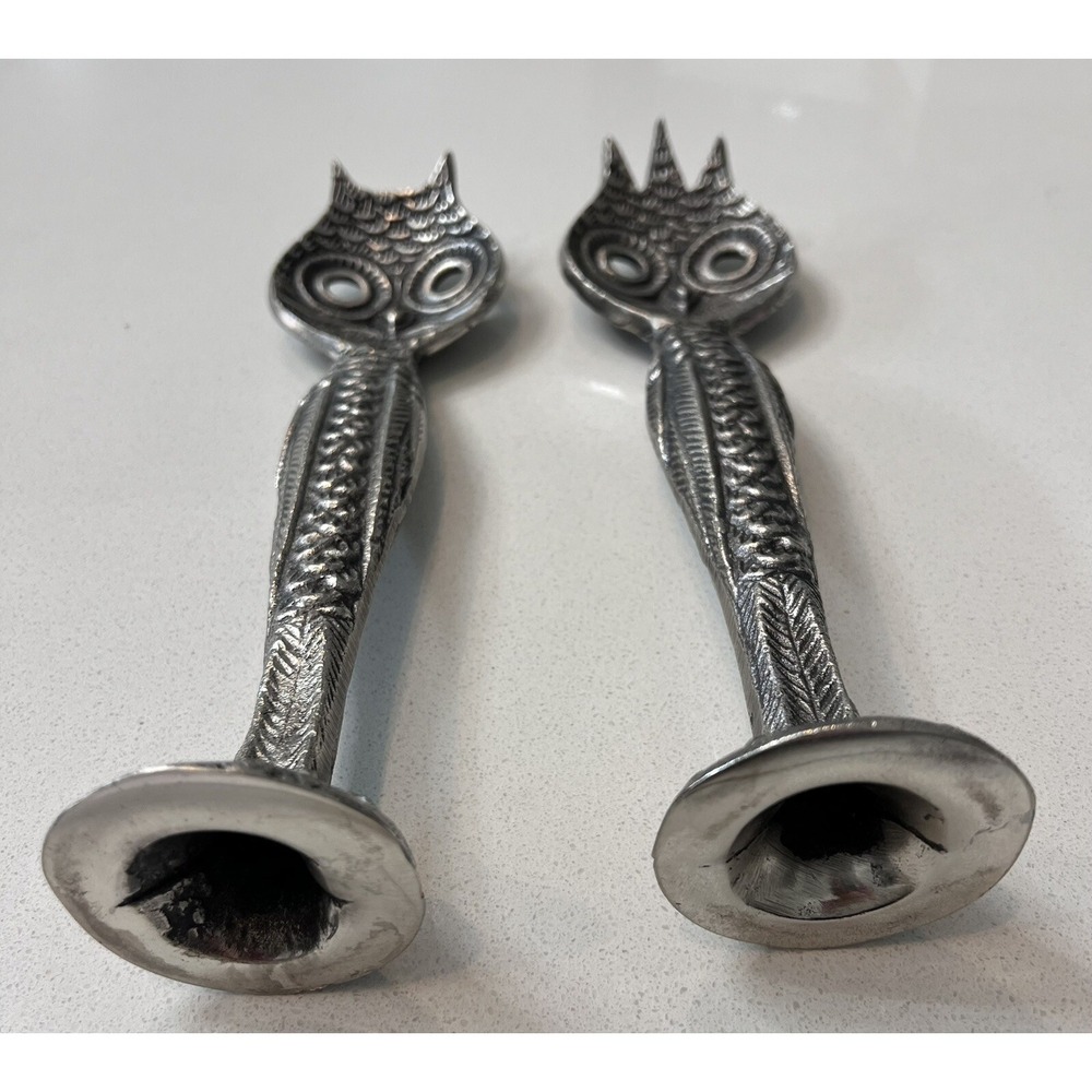 Retired Pottery Barn Metal Owl Salad Serving Utensils Pair RARE - Picture 3 of 6